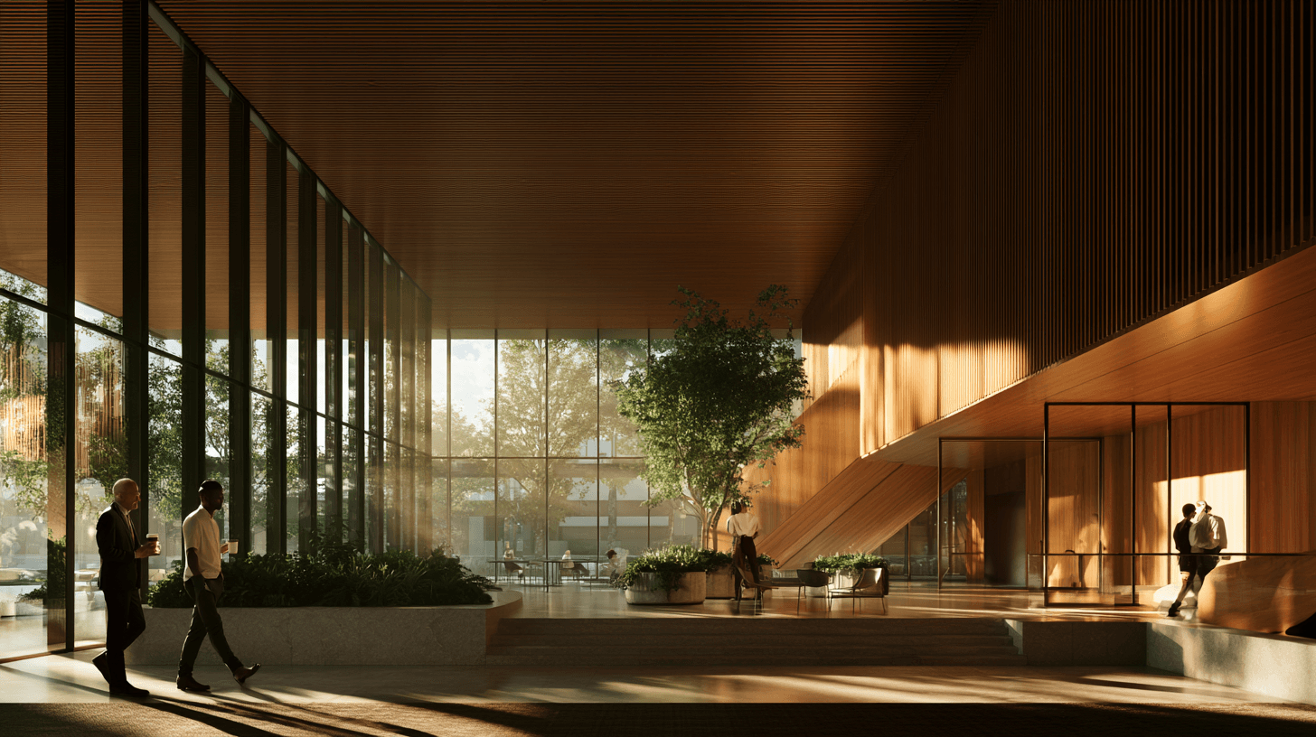 Sunlit lobby atrium with a wood ceiling and planted terraces